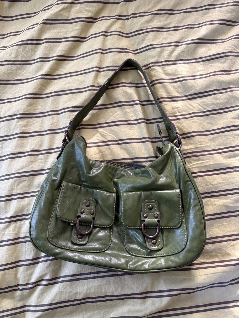 Vintage Nine West Green Leather Shoulder Bag with Front Buckle Pockets